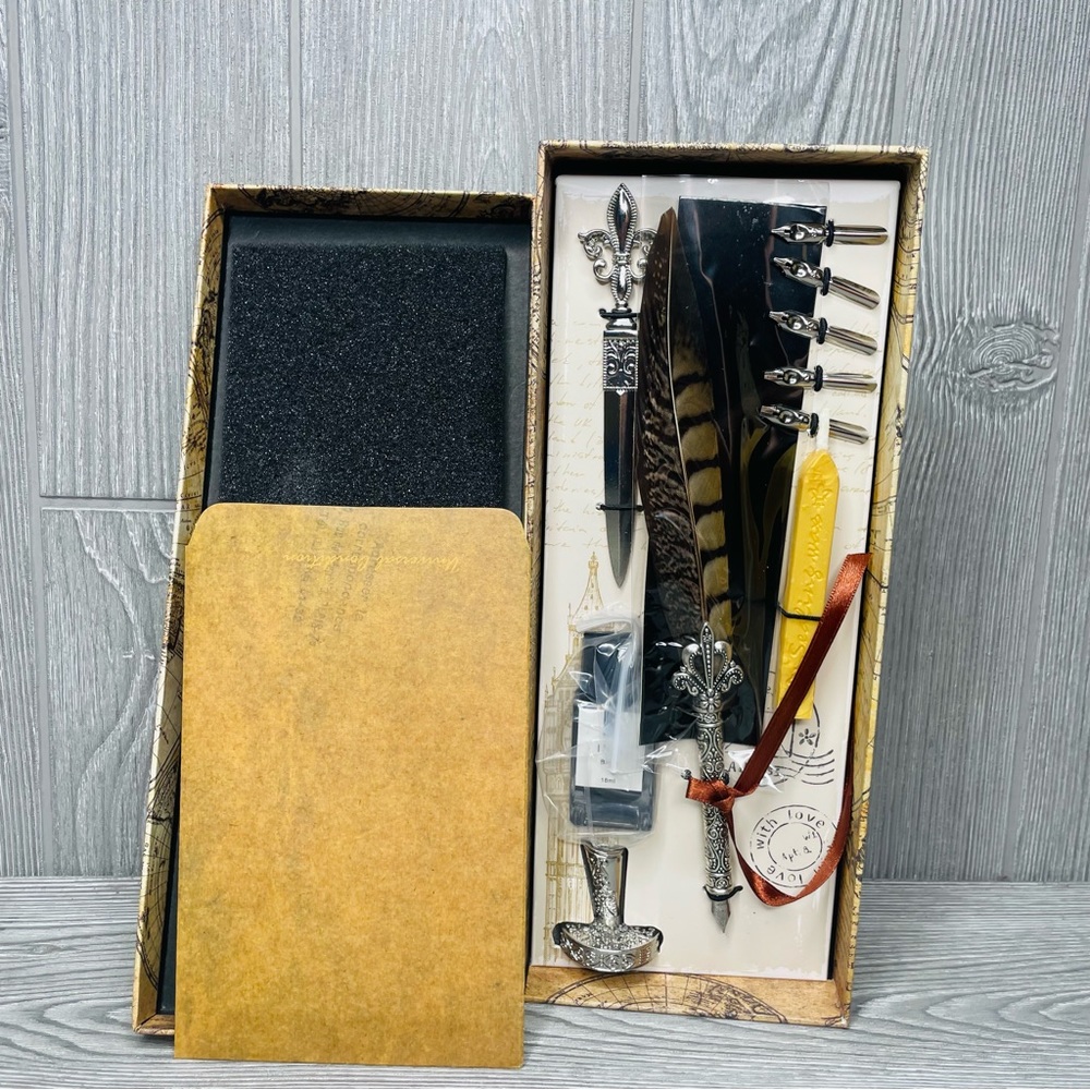 NWT stationary set fountain, pen, paper, sealing wax and pen holder gift set
